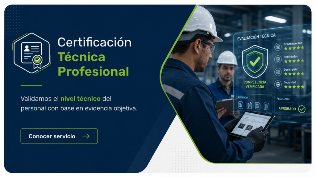 Certificación técnica profesional basada en evidencia objetiva para validar competencias y desempeño del personal.
